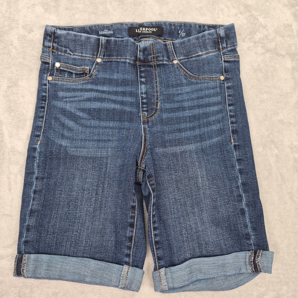 Liverpool 4 / 27 (30) The Bermuda Pull On Denim Jean Shorts Dark Womens  Stretch